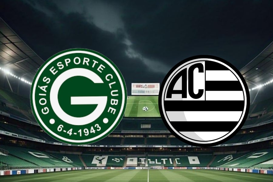 Estádio Hailé Pinheiro à noite, gramado iluminado, com elementos gráficos das cores de Goiás e Athletic, preparando o ambiente para o confronto da Série B 2025.