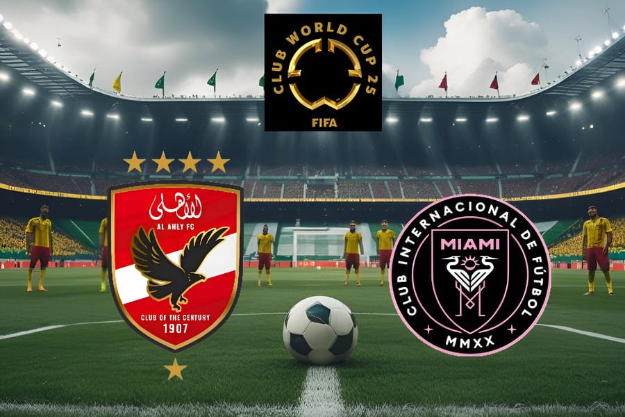 Jogadores de Al Ahly e Inter Miami disputando a bola no Mundial de Clubes 2025, com informações de onde assistir e horário da partida