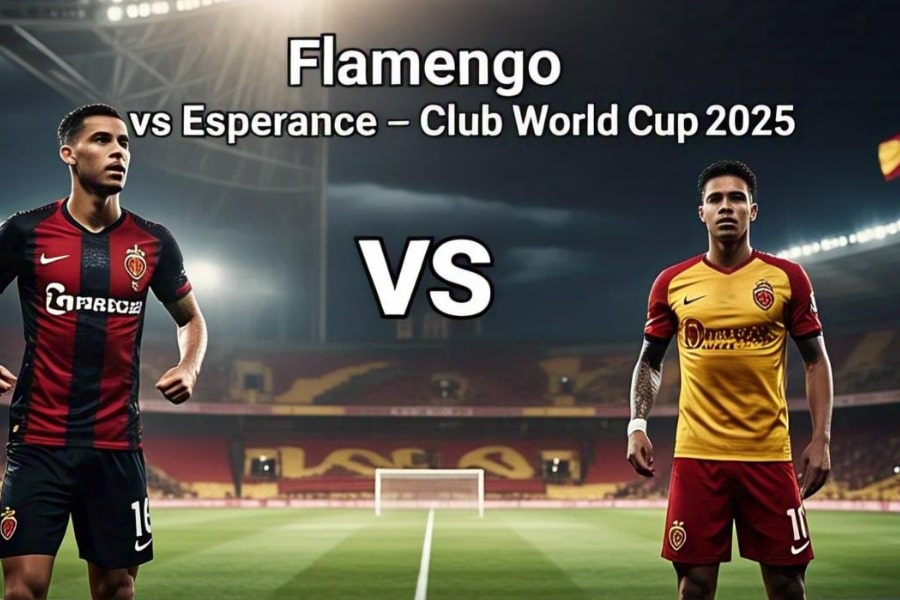 Imagem promocional do jogo Flamengo x Espérance pelo Mundial de Clubes 2025, com jogadores em campo, bandeiras dos times e estádio iluminado