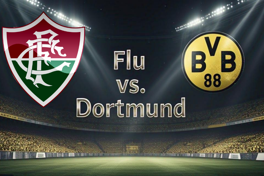 Escudos do Fluminense e Borussia Dortmund com fundo de estádio iluminado, representando o jogo pela Copa do Mundo de Clubes 2025