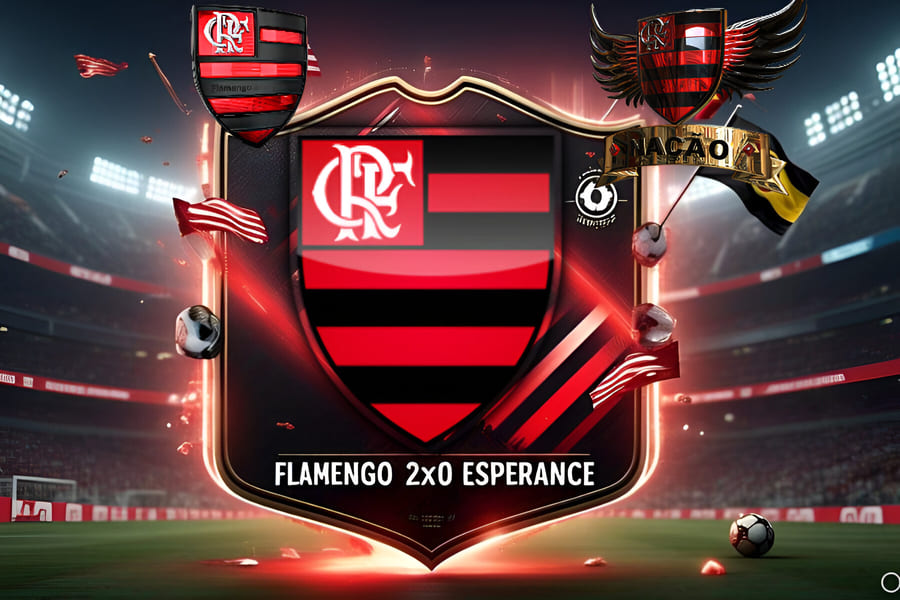 Escudo do Flamengo em destaque com fundo do estádio Lincoln Financial Field iluminado, placar 2x0 contra o Espérance, representando vitória na estreia do Mundial de Clubes 2025