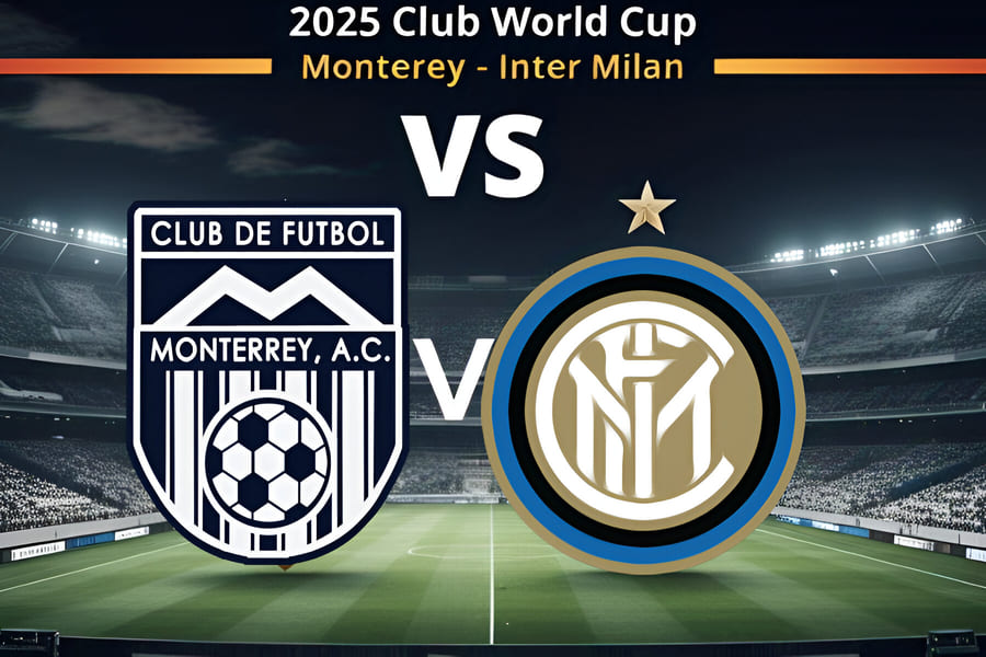 Escudos de Monterrey e Inter de Milรฃo com fundo do Rose Bowl Stadium iluminado, representando o jogo do Mundial de Clubes 2025