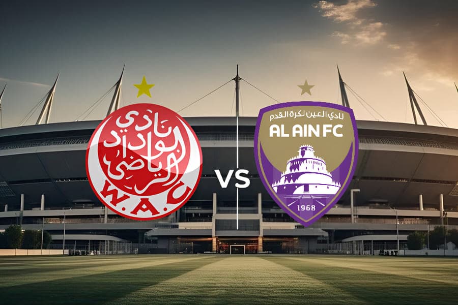 Logos de Wydad Casablanca e Al Ain FC em destaque frente ao Audi Field, em Washington, palco do jogo pelo Mundial de Clubes FIFA de 2025