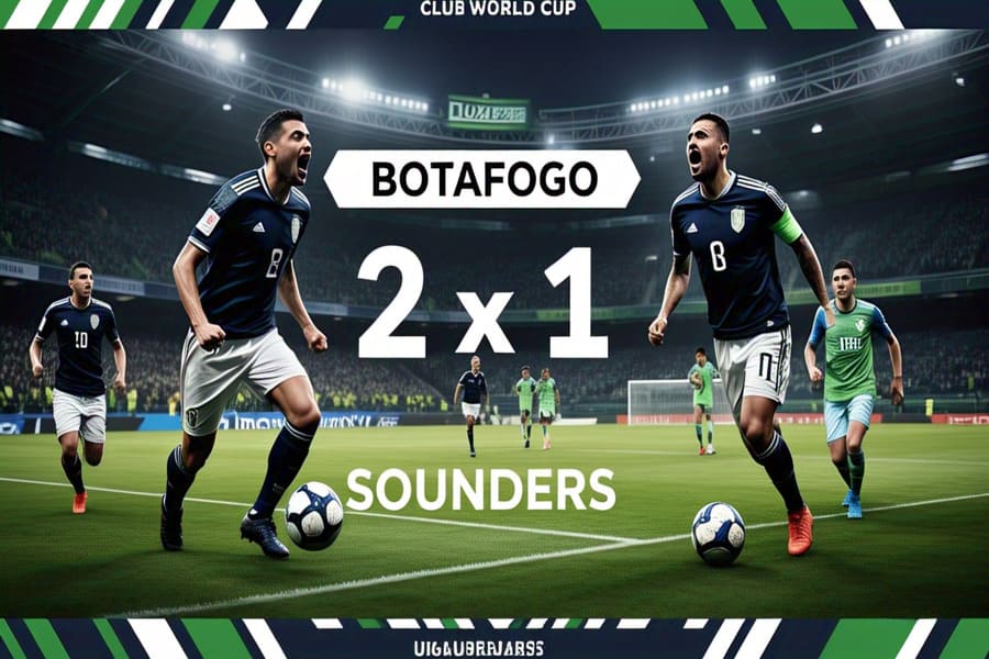 Jogadores do Botafogo comemorando a vitória por 2 a 1 sobre o Seattle Sounders no Mundial de Clubes 2025, com o placar destacado e o estádio Lumen Field iluminado ao fundo