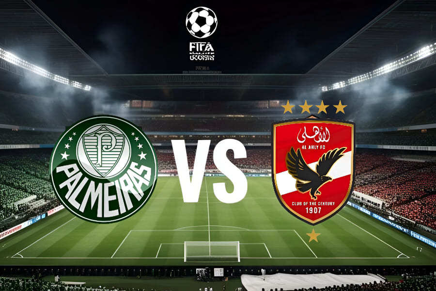 Escudos de Palmeiras e Al Ahly com fundo do estádio lotado, clima de decisão no Mundial de Clubes 2025