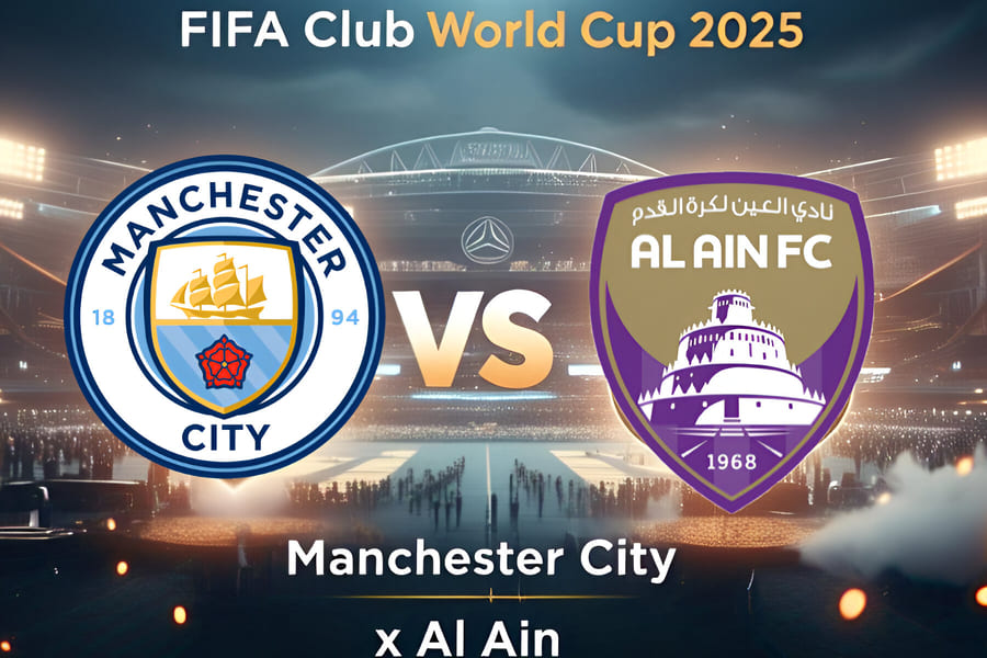 Imagem destacada de Manchester City x Al Ain no Mundial de Clubes FIFA 2025, com escudos dos times, VS no centro e o estádio Mercedes-Benz Stadium ao fundo, iluminado para a partida de 22 de junho em Atlanta.