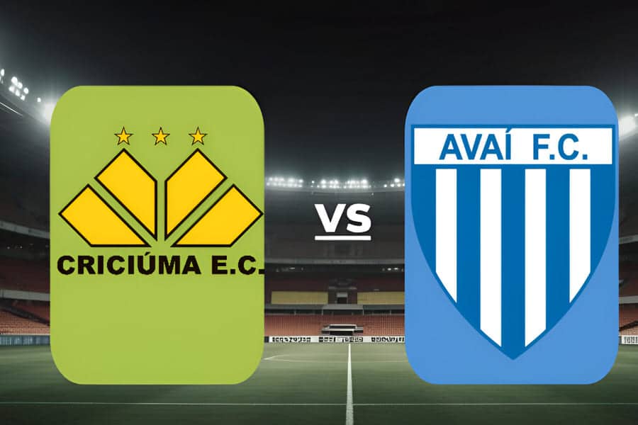 Imagem promocional do jogo Criciúma x Avaí pela Série B 2025, com os escudos dos dois times em destaque e fundo estilizado de estádio iluminado à noite, acompanhada da data 27/06/2025 e horário 20h30.