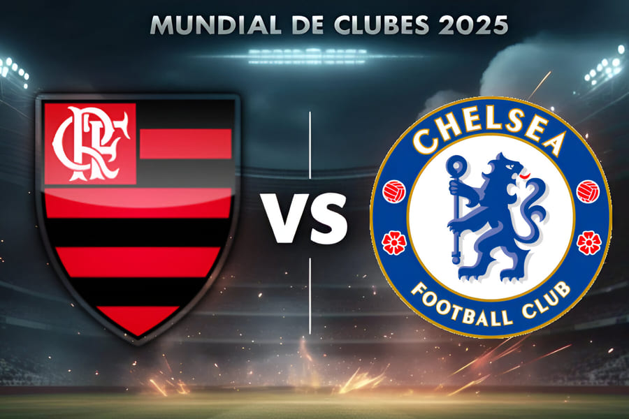 Escudos do Flamengo e Chelsea frente a frente com estádio iluminado ao fundo, representando o jogo decisivo do Mundial de Clubes 2025