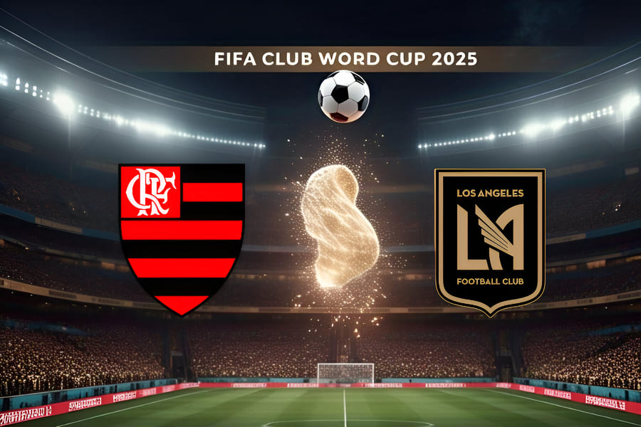 Escudos do Flamengo e Los Angeles FC frente a frente no estádio iluminado, representando o confronto pelo Mundial de Clubes FIFA 2025