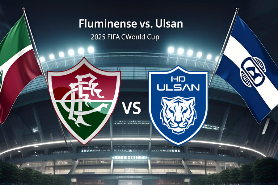 Imagem ilustrativa do jogo Fluminense x Ulsan Hyundai pelo Mundial de Clubes 2025, com escudos dos dois times e fundo do MetLife Stadium iluminado