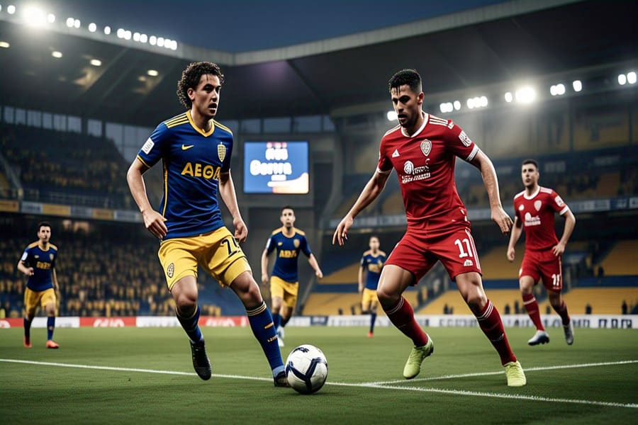 Jogadores do Boca Juniors e Benfica disputando a bola em partida do Mundial de Clubes no estádio Hard Rock, Miami