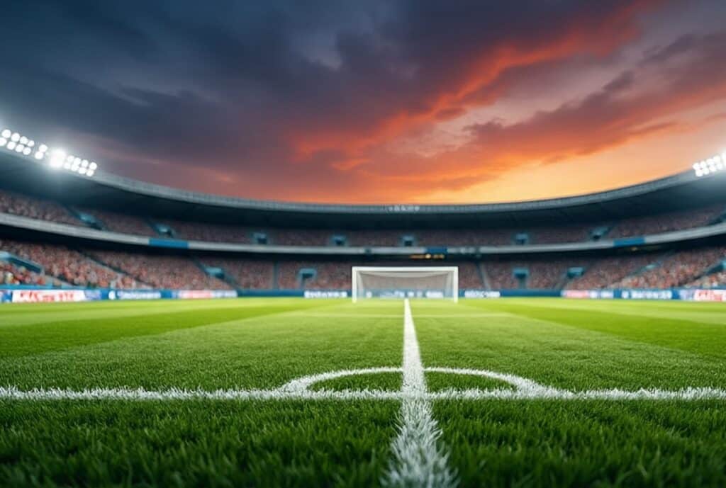Estรกdio vazio ao entardecer com gramado iluminado, representando a vitรณria do Goiรกs sobre a Chapecoense na Sรฉrie B do Brasileirรฃo 2025