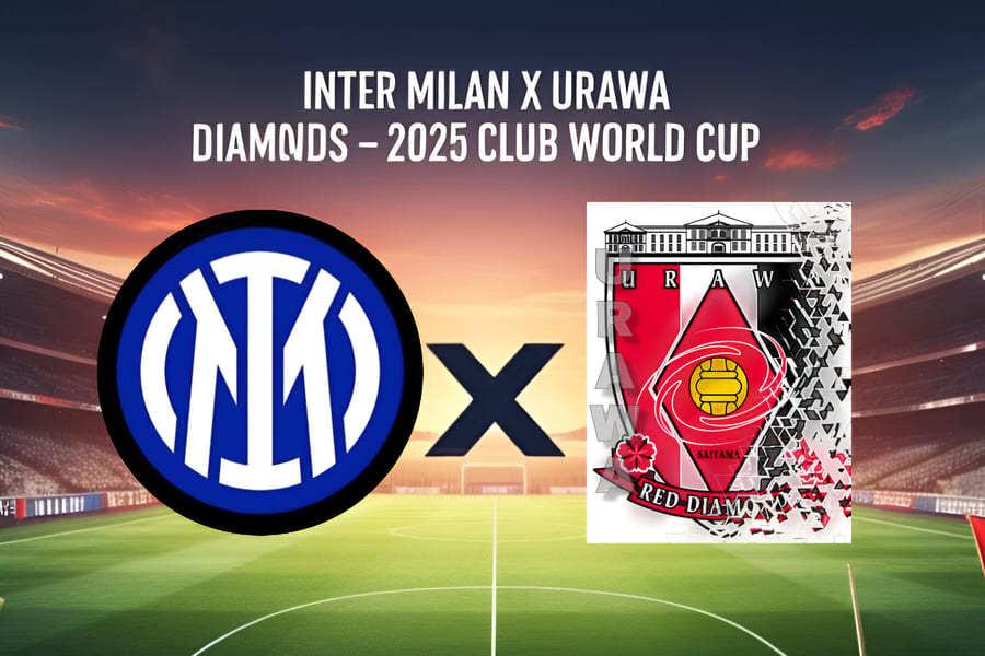 Jogadores da Inter de Milão e Urawa Red Diamonds em ação no Mundial de Clubes 2025 no estádio de Seattle, com torcedores e luzes do estádio ao entardecer