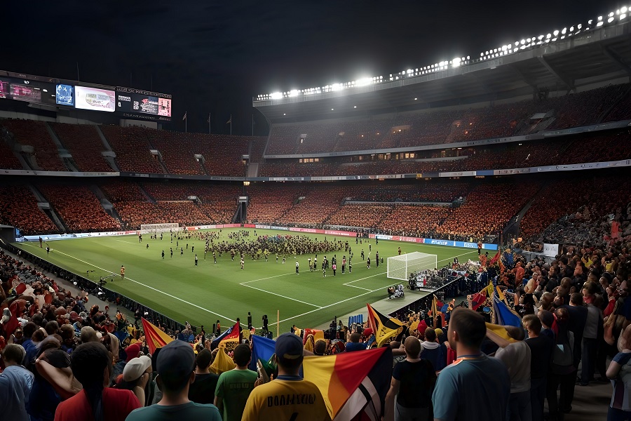 Torcida vibrando em estádio, destacando a emoção dos jogos de futebol de 4 de junho de 2025