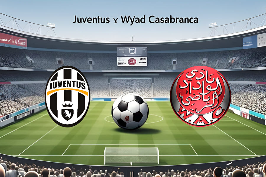 Torcida dividida no estádio Lincoln Financial Field para o jogo Juventus x Wydad Casablanca pelo Mundial de Clubes FIFA 2025, com camisas preto e branco da Juventus e vermelho e branco do Wydad, bola oficial no centro e céu azul ao fundo.