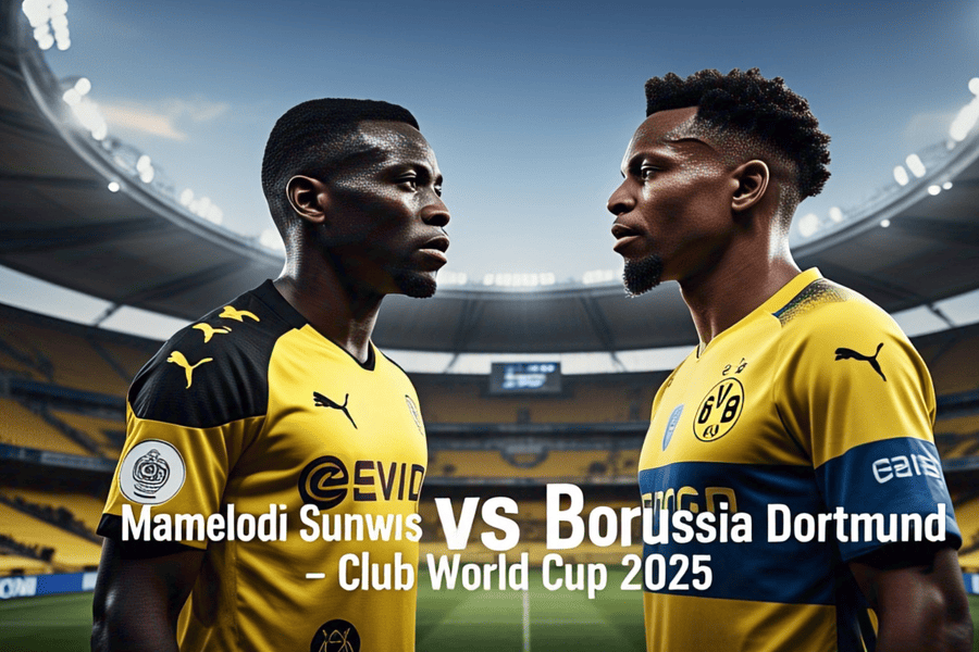 Imagem do estádio TQL Stadium com as bandeiras do Mamelodi Sundowns e Borussia Dortmund, destacando o jogo do Mundial de Clubes 2025, com céu vibrante, iluminação de estádio e clima de torcida