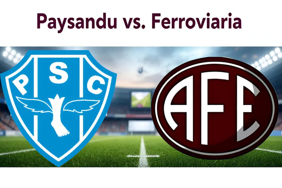 Banner do jogo entre Paysandu e Ferroviรกria pela Sรฉrie B com destaque para os escudos dos clubes e fundo do Estรกdio da Curuzu iluminado,