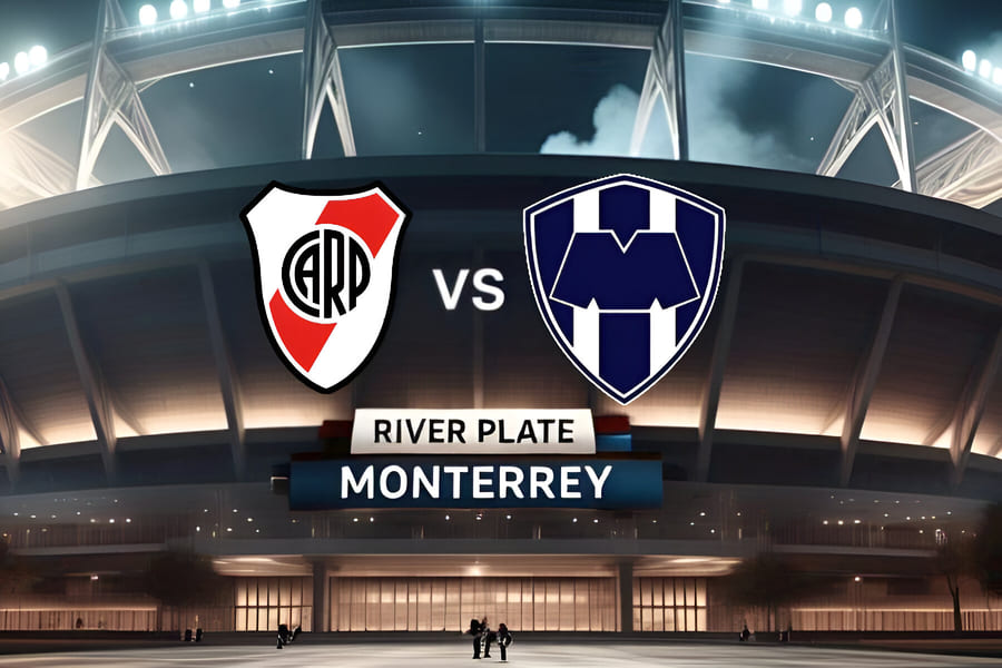 Escudos de River Plate e Monterrey frente a frente, com fundo do estádio Rose Bowl iluminado, representando o jogo decisivo pelo Mundial de Clubes 2025, Grupo E.