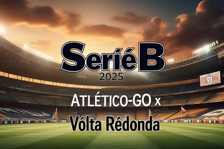 Imagem do estádio iluminado ao pôr do sol com as logos oficiais de Atlético-GO e Volta Redonda para o confronto da Série B 2025, sem jogadores