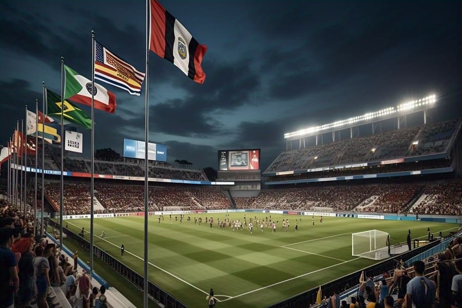 Estádio iluminado nos Estados Unidos durante o Mundial de Clubes 2025 com bandeiras de clubes participantes