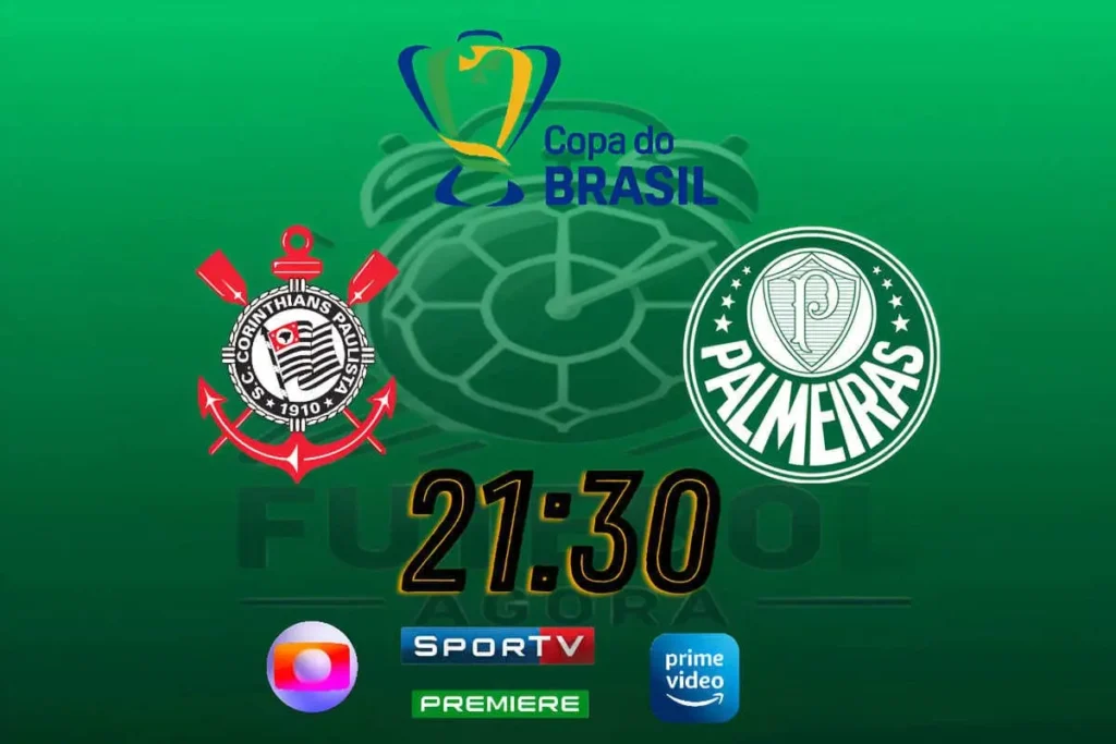 Logos de Corinthians e Palmeiras em destaque com a taça da Copa do Brasil ao fundo, simbolizando o confronto decisivo entre os times no campeonato.