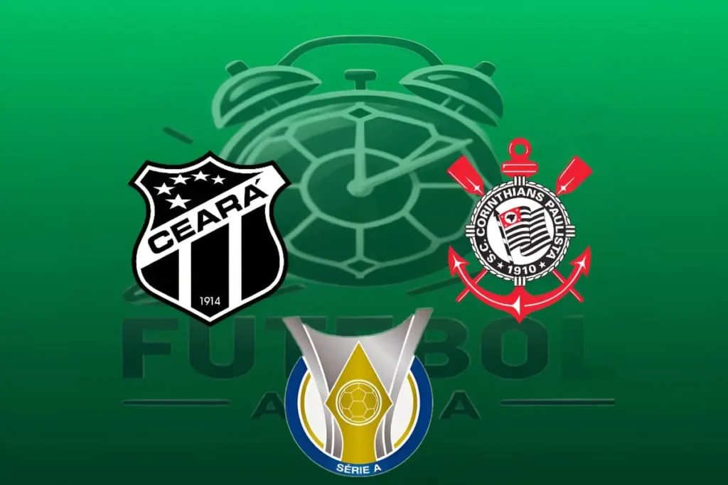 Visão aérea do campo de futebol durante o jogo Ceará x Corinthians, com destaque para a torcida e as arquibancadas lotadas na Arena Castelão.