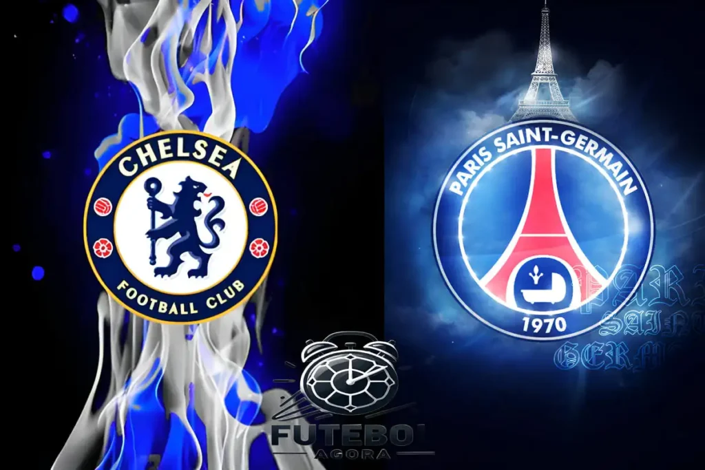 Logos do Chelsea e do PSG lado a lado com a taça do Mundial de Clubes ao centro, simbolizando a final de 2025.