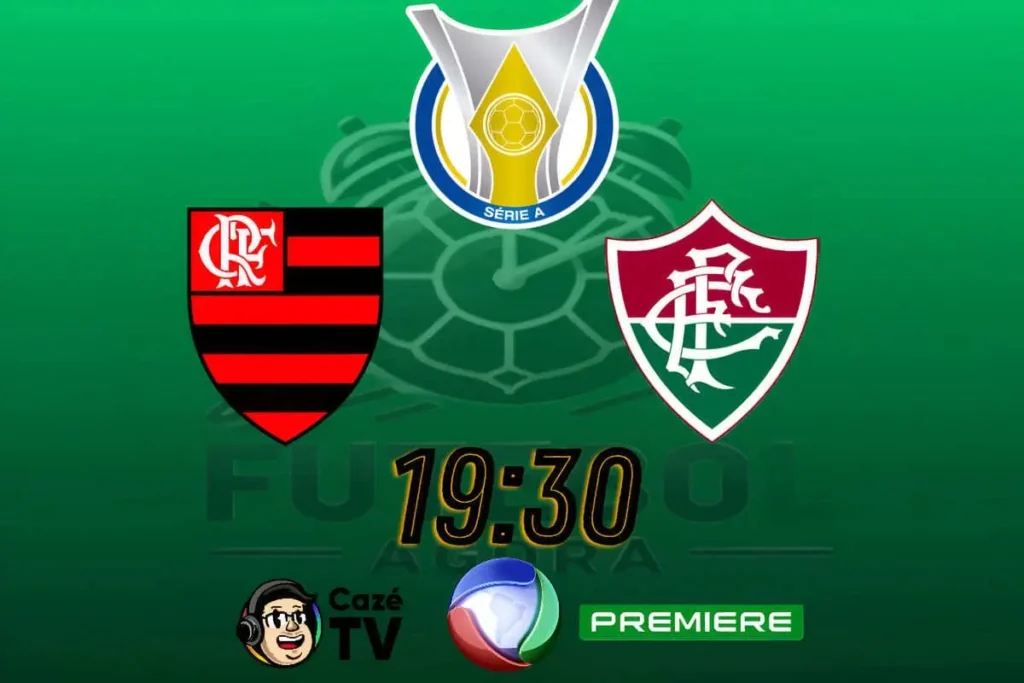 Jogadores de Flamengo e Fluminense disputam bola em clássico no Maracanã com logos dos clubes