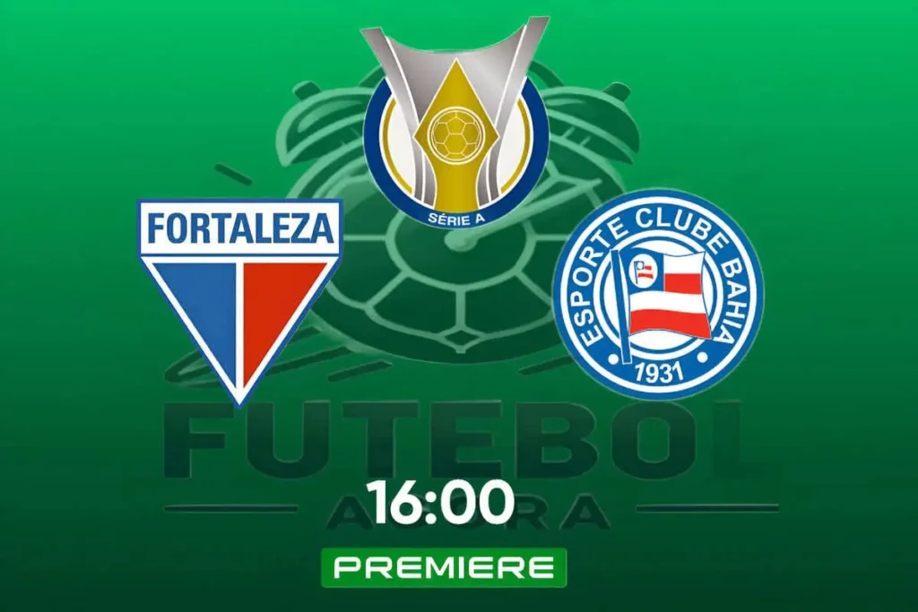 Imagem destacada do confronto entre Fortaleza e Bahia pelo Brasileirão, com símbolos dos clubes e a Arena Castelão ao fundo.