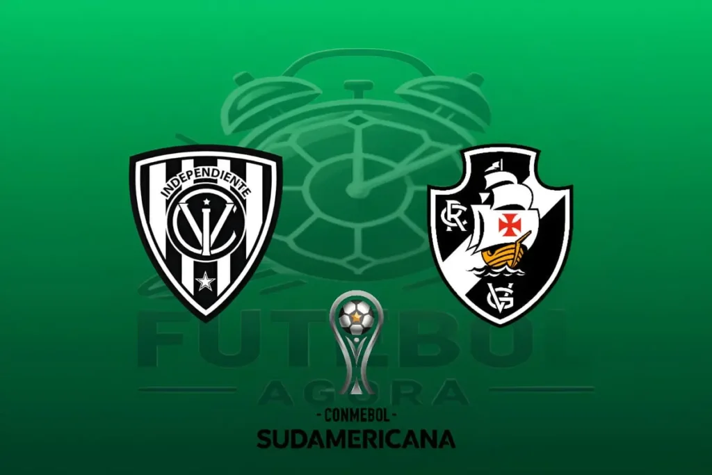 Confronto entre Independiente del Valle e Vasco, com os escudos dos times e a taça da Copa Sul-Americana em destaque.