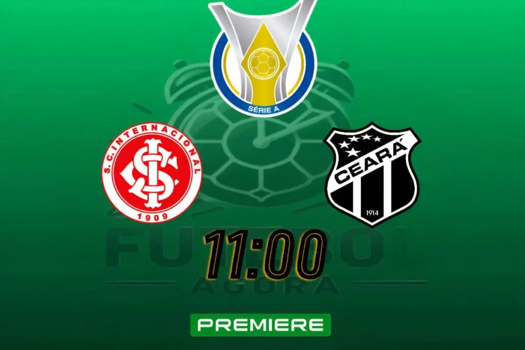 Internacional e Ceará em disputa de bola, com foco na dinâmica do jogo e nos uniformes dos clubes