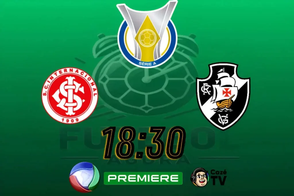 Imagem de jogadores de Internacional e Vasco em campo, destacando o confronto direto no Brasileirão.