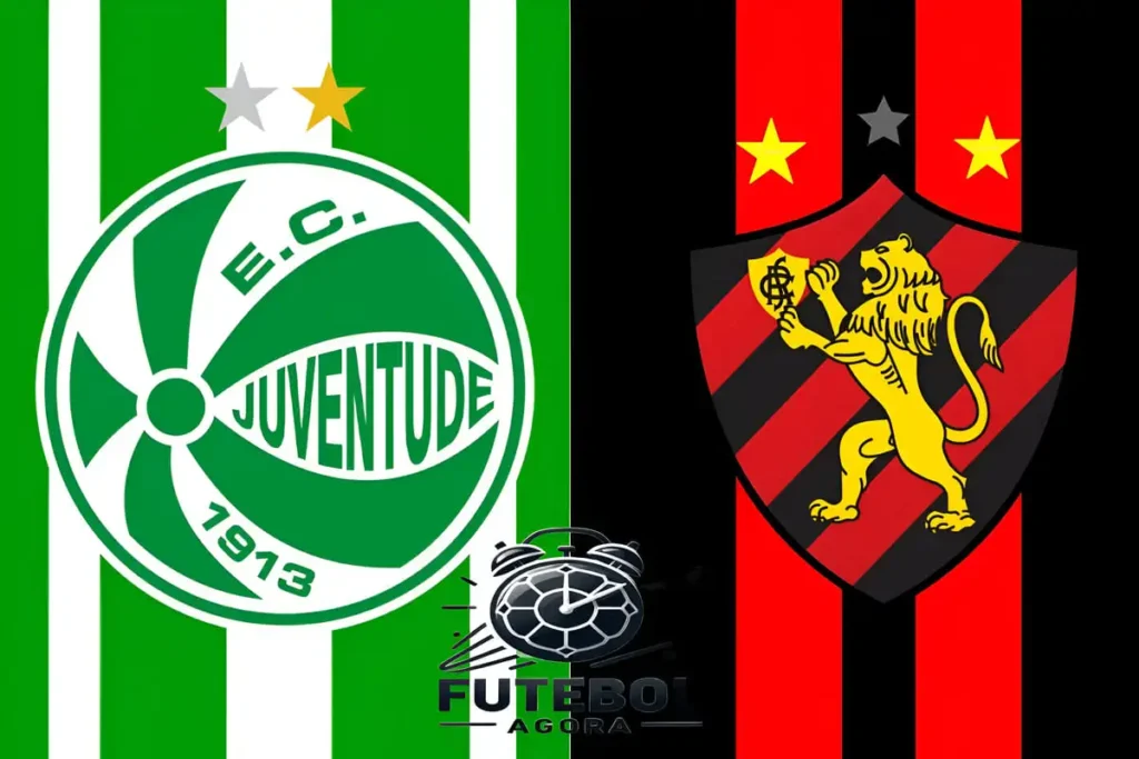 Escudos do Juventude e do Sport lado a lado, simbolizando o confronto direto e a rivalidade na luta contra o rebaixamento no Campeonato Brasileiro 2025.
