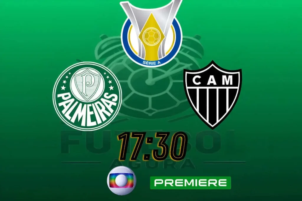 Palmeiras e Atlético-MG em campo disputando a bola, em um jogo noturno.