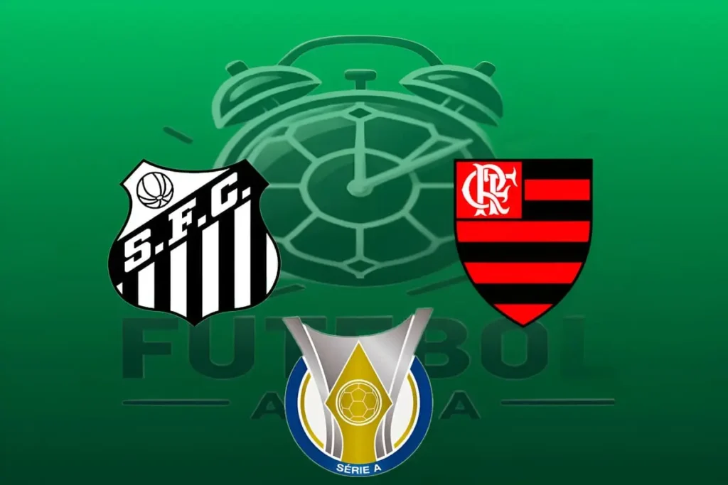 Confronto entre Santos e Flamengo na Vila Belmiro com os escudos dos clubes