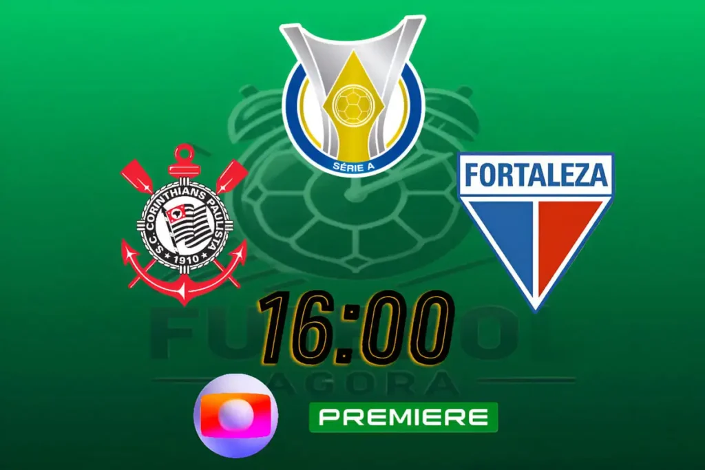 Jogadores do Corinthians e do Fortaleza em campo, destacando o confronto da 18ª rodada do Brasileirão na Neo Química Arena.