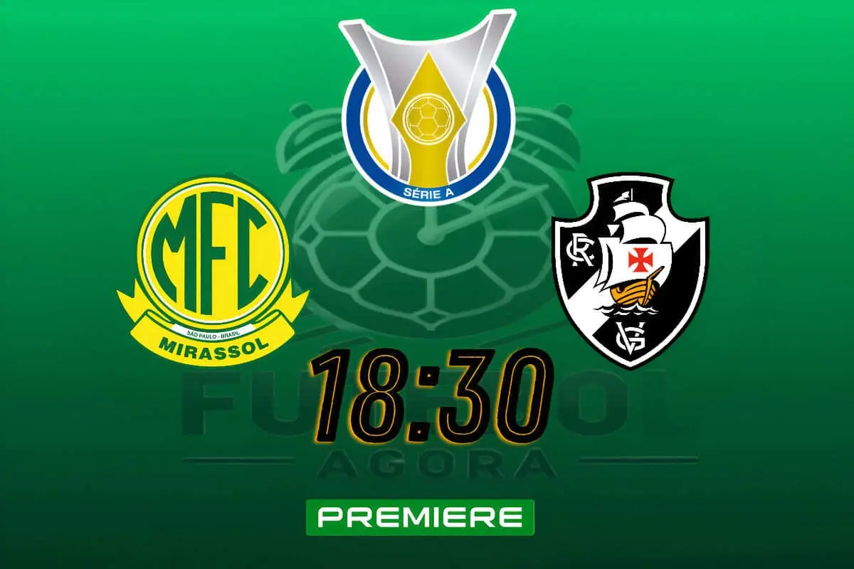 Logotipos do Mirassol e do Vasco da Gama em destaque, com um campo de futebol ao fundo, simbolizando o confronto entre as equipes