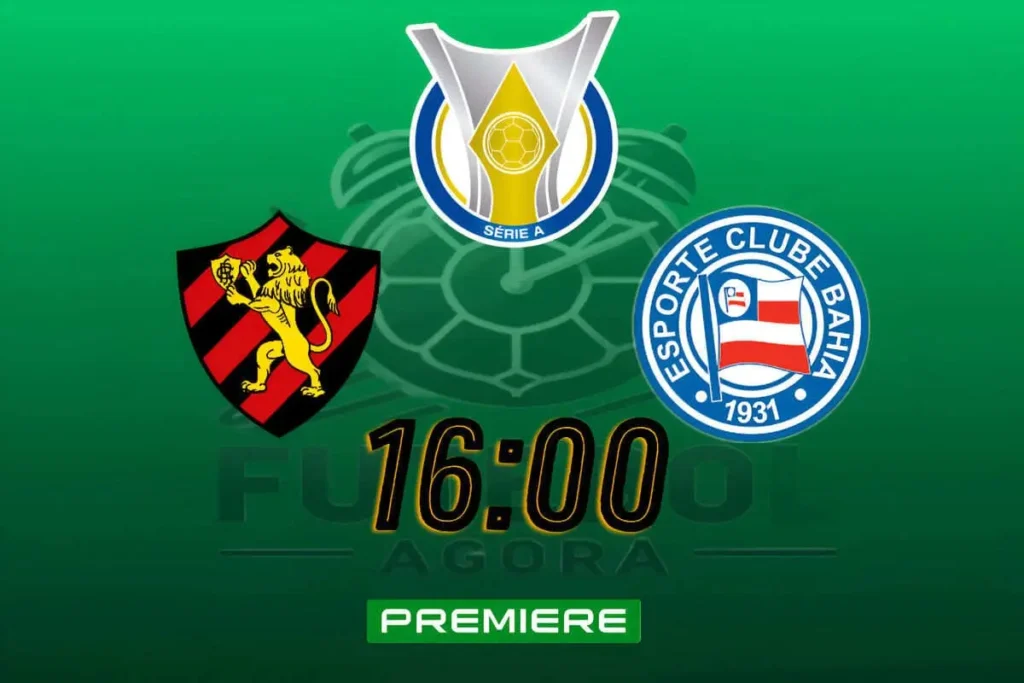 Logos do Sport e do Bahia lado a lado, com a Ilha do Retiro ao fundo, simbolizando o confronto do Clássico do Nordeste.