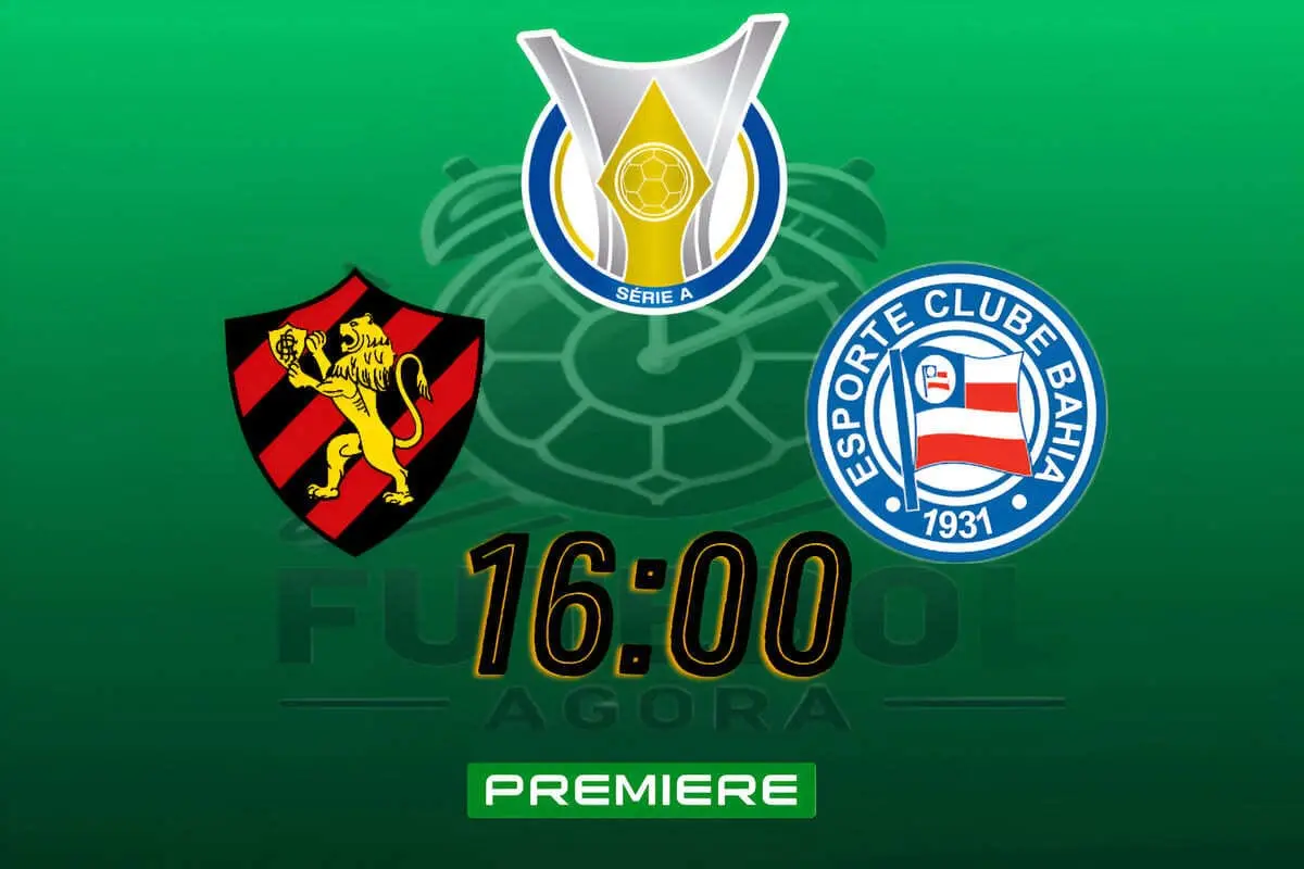 Logos do Sport e do Bahia lado a lado, com a Ilha do Retiro ao fundo, simbolizando o confronto do Clássico do Nordeste.