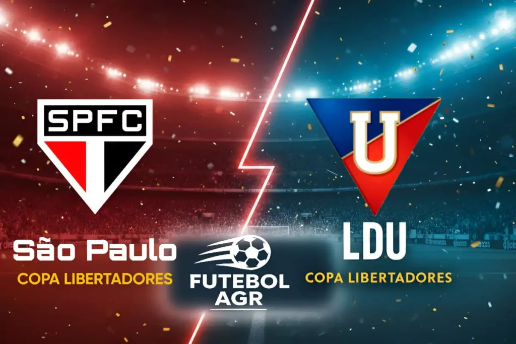 Imagem destacada para o artigo LDU vs São Paulo pela Libertadores, com fundo de estádio de futebol iluminado em tons de vermelho e azul, sem jogadores ou logos, com espaço central para texto.