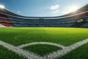 Imagem realista de um campo de futebol com padrões abstratos nas cores do Flamengo (vermelho e preto) e Vasco (preto e branco), representando a presença de jogadores dos dois clubes na pré-lista da Seleção Brasileira.