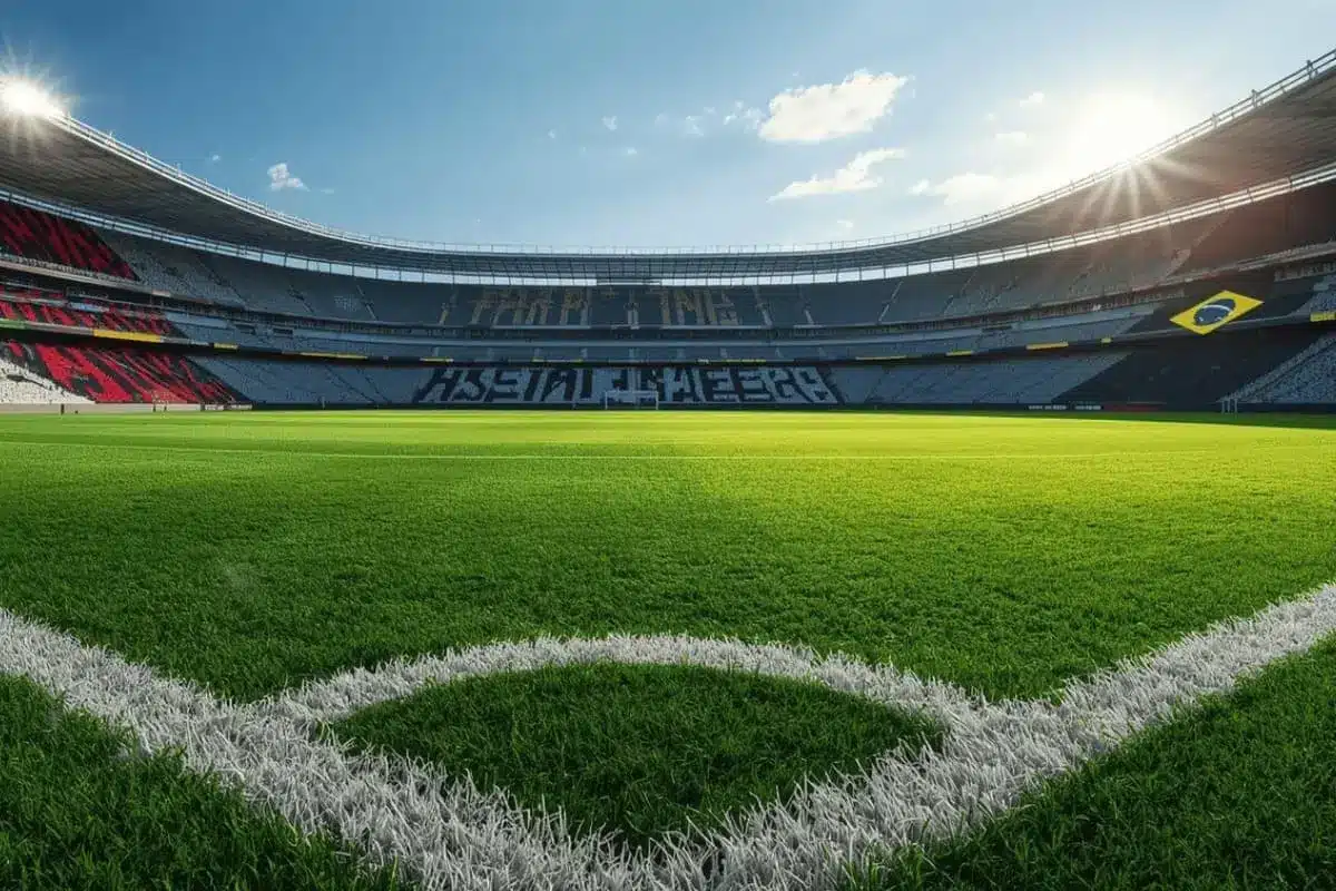 Campo de futebol com padrões abstratos nas cores do Flamengo e Vasco, simbolizando a rivalidade carioca na Seleção Brasileira.