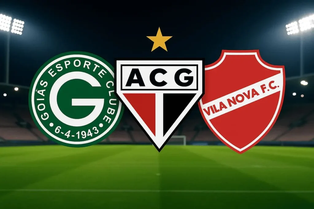 Escudos dos times Goiás, Atlético-GO e Vila Nova em um estádio de futebol iluminado, representando a reta final da Série B 2025.