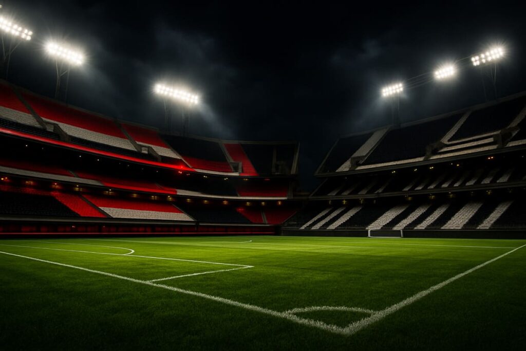 Estádio de futebol iluminado à noite com cores do São Paulo e Ceará, gramado e arquibancadas vazias, atmosfera de jogo decisivo.