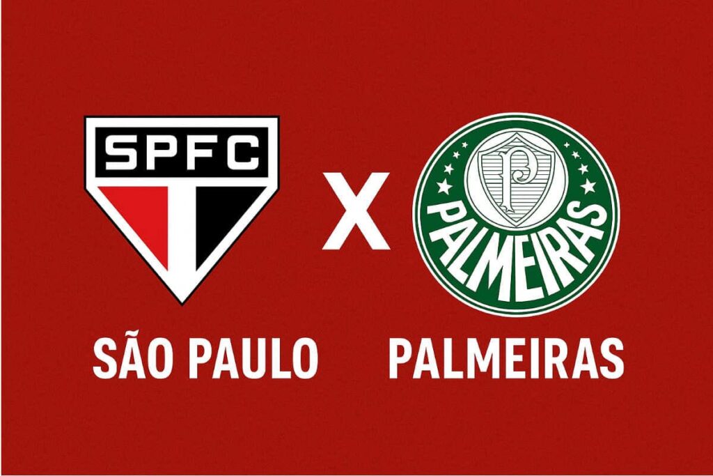 Escudos do São Paulo e do Palmeiras lado a lado com fundo vermelho, representando o clássico paulista pelo Campeonato Brasileiro 2025.