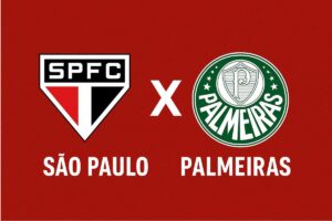 Escudos do São Paulo e do Palmeiras lado a lado com fundo vermelho, representando o clássico paulista pelo Campeonato Brasileiro 2025.