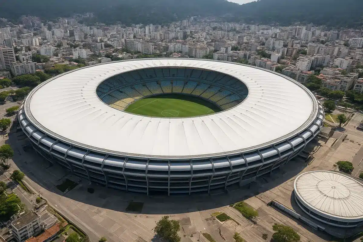 Estádio de futebol com gramado verde e arquibancadas, pronto para um grande jogo.